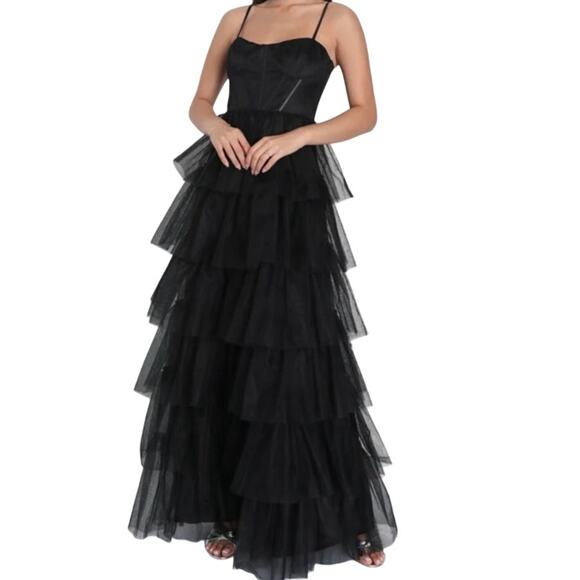 Lulu's Dresses & Skirts - Lulus Rule The Runway Black Mesh Tulle Bustier Tiered Maxi Dress M Formal Party